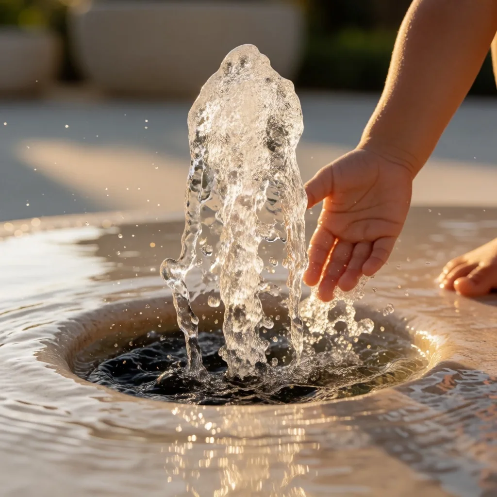 Detalle de fuentes y juegos de agua interactivos