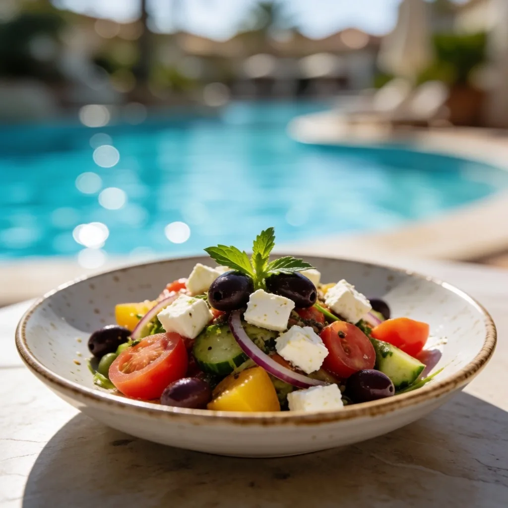 Ensalada mediterránea servida en el restaurante del parque