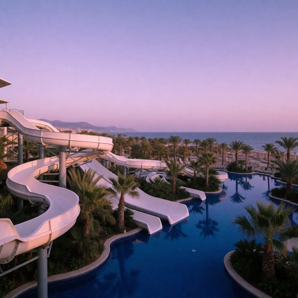 Vista aérea del parque acuático Aqua Oasis al atardecer en Alicante
