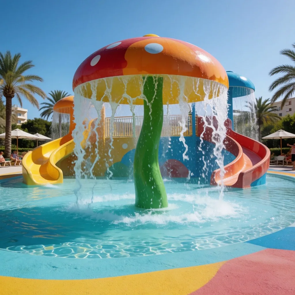 Zona infantil con mini-toboganes y fuentes de agua