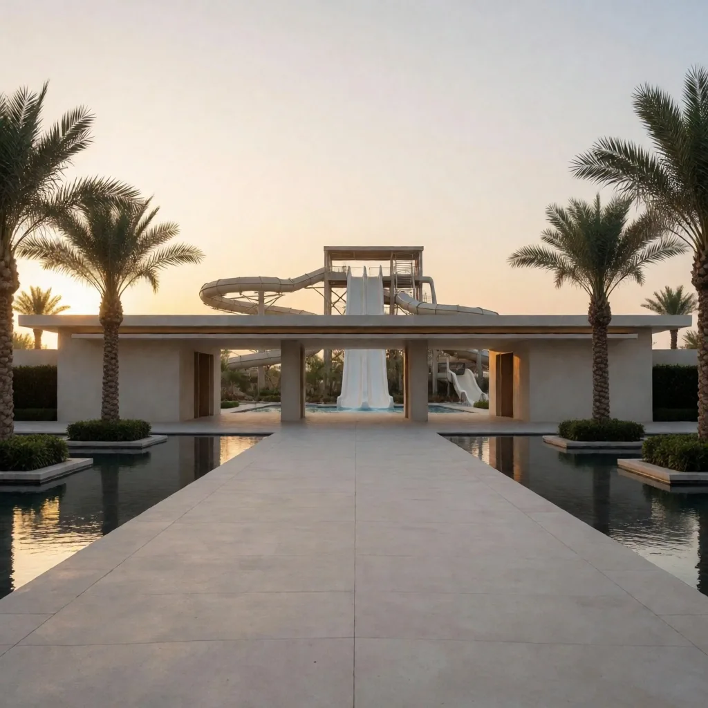 Tobogán acuático de alta velocidad al atardecer en Aqua Oasis
