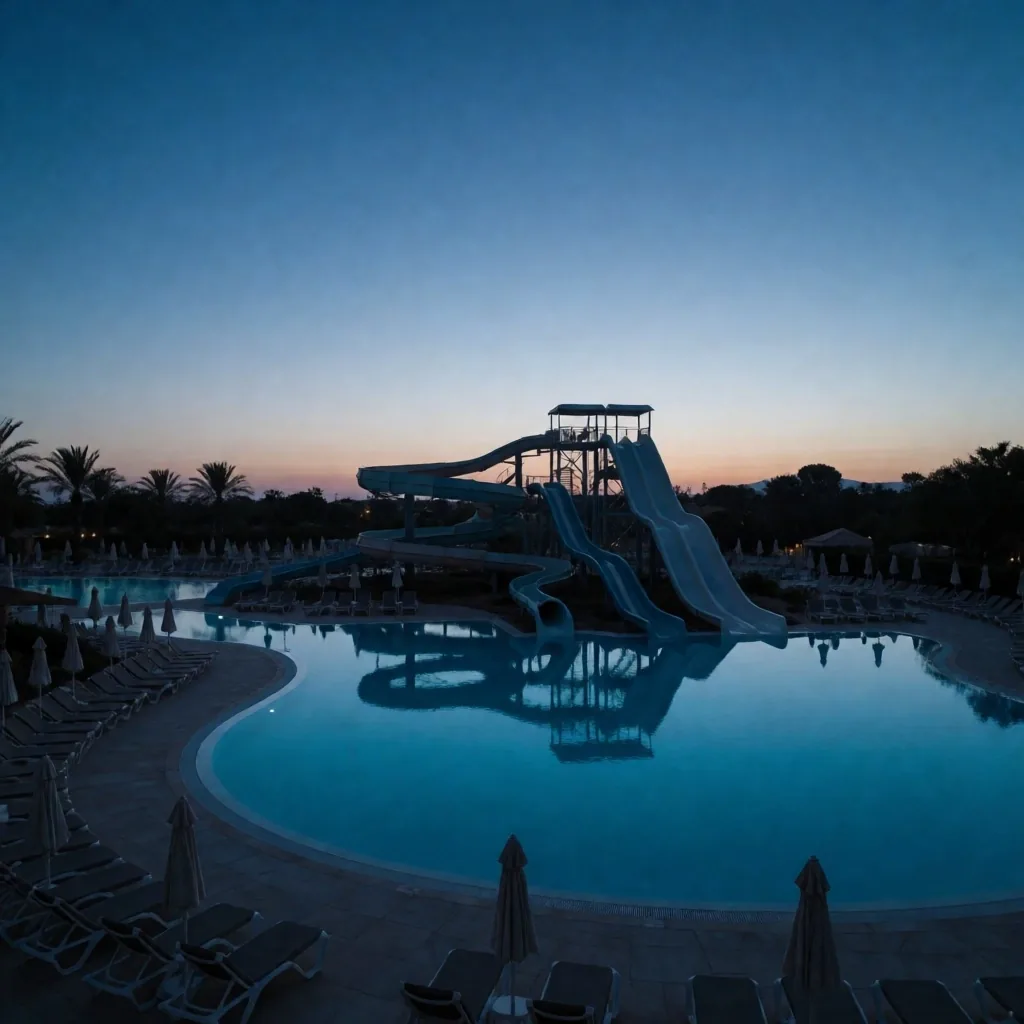 Vista aérea del parque acuático Aqua Oasis durante la hora azul