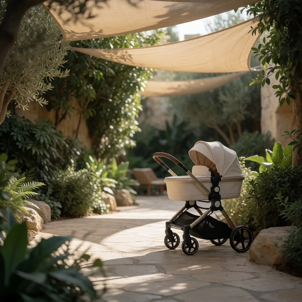 Zona de sombra con carrito de bebé en Aqua Oasis