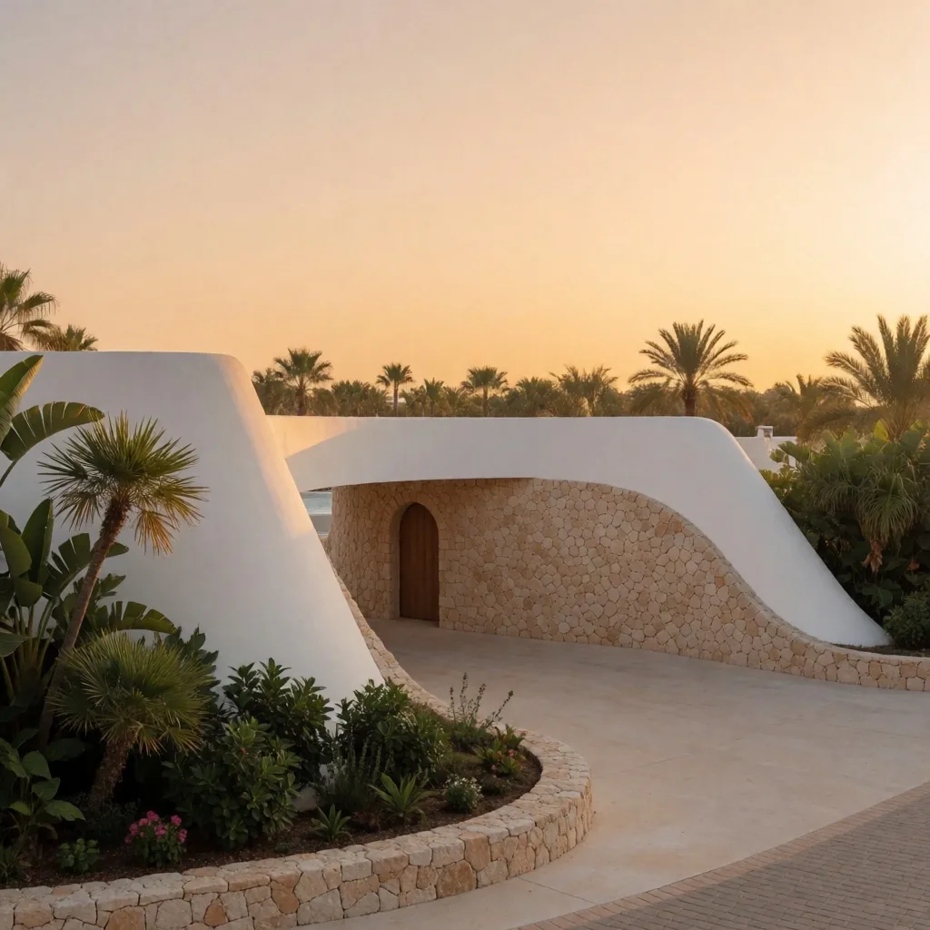 Arquitectura de las instalaciones de Aqua Oasis integradas en el paisaje alicantino