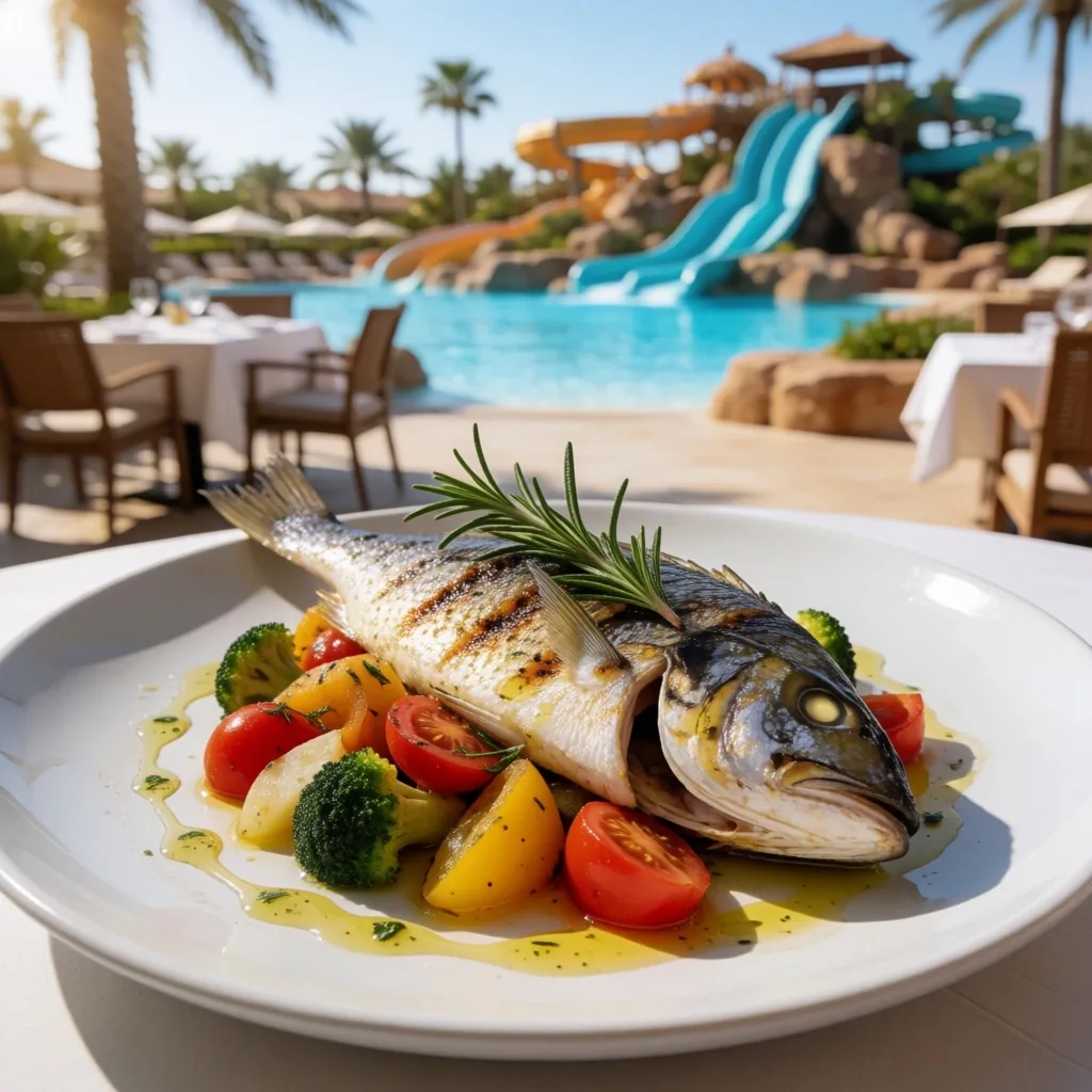 Plato de cocina mediterránea con ingredientes frescos de temporada en los restaurantes de Aqua Oasis
