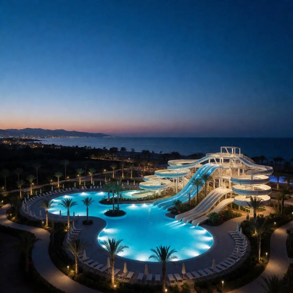 Vista aérea del parque acuático Aqua Oasis en La Marina, Alicante, durante la hora azul