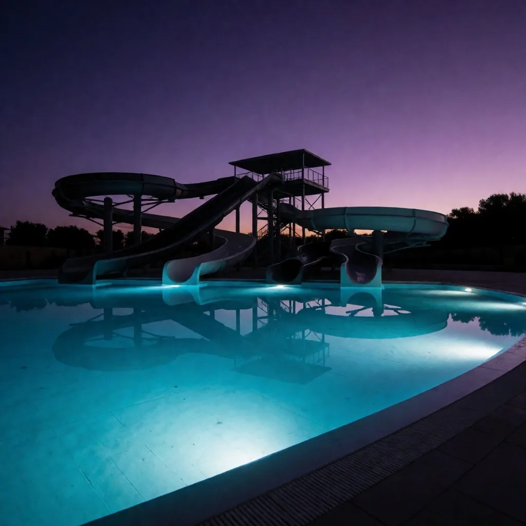 Vista del parque acuático Aqua Oasis al atardecer